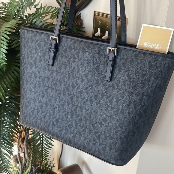 Brand New Michael Kors Black Top Zipper Double Strap Shoulder Bag Jet Set Tote - Picture 8 of 16